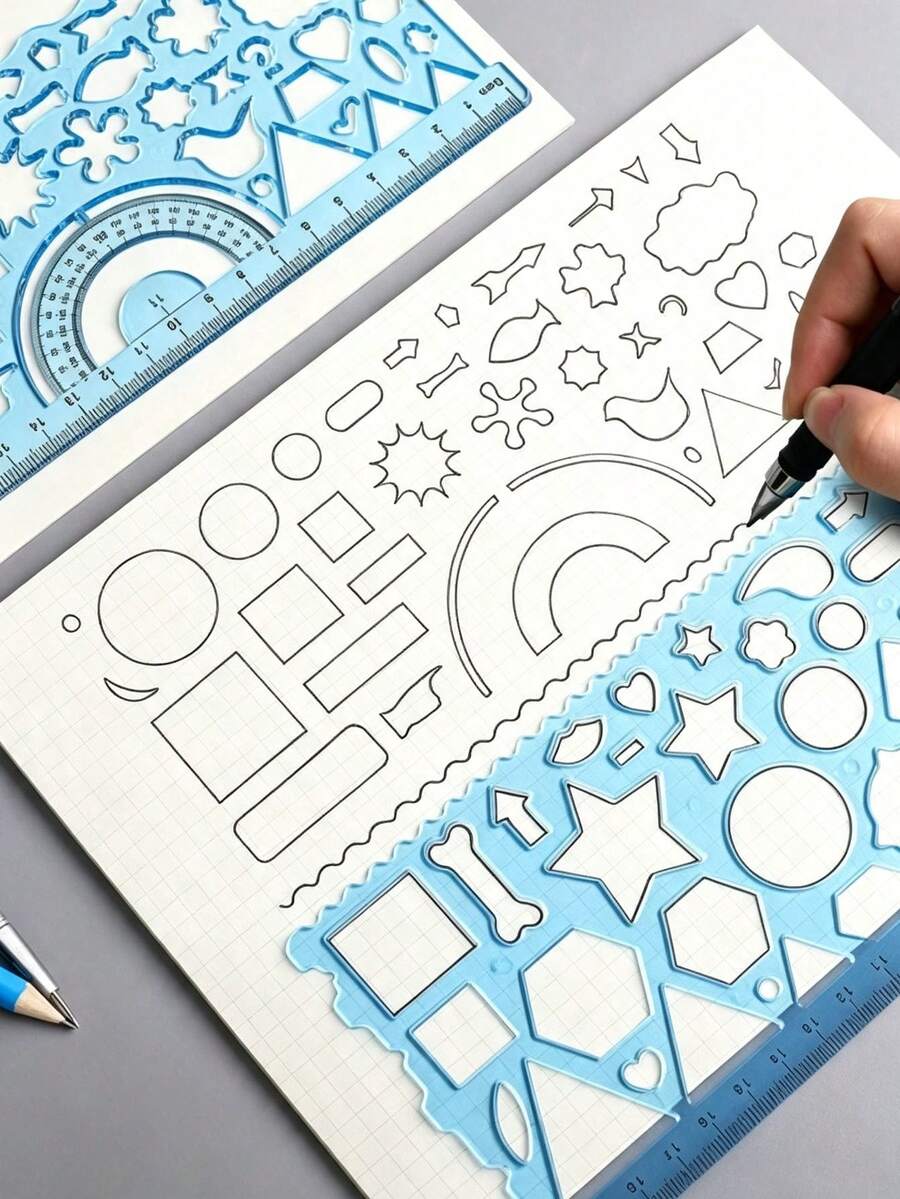 7-delt illustrationsværktøjssæt med farverig mønsterlineal, kreativ 20 cm tegnelineal, multifunktionel tegneskabelon-lineal, dedikeret linealsæt til håndskrevne rapporter, multifunktionelt mønsterlinealsæt, geometriske tegneværktøjer, måleværktøjer til forskellige former, tilfældig gearfarve