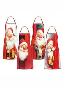 4PCS Christmas Mrs. Claus Apron Set, Funny Santa Costume Print Adjustable Waterproof Kitchen Apron, Holiday Cooking Apron Gift For Women - Multicolor - View 1