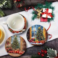 6pcs Vintage Christmas Tree Wooden Coasters, Waterproof Heat-Resistant Table Mats, Suitable For Coffee Cups, Mugs, Premium Cork Home Decor - Multicolor - View 7