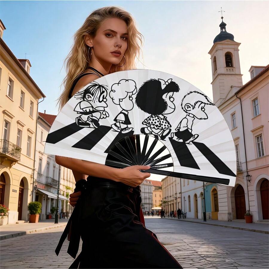 1pc Fashionable Folding Fan, Lightweight And Durable Plastic Material With Classic Black And White Striped Pattern, Summer Cooling Party Music Festival Atmosphere Essential - Multicolor - View 1