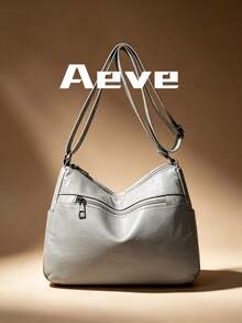 Women's Solid Color Gray Crossbody Bag, Multi-Layer Zipper Pockets Vintage Elegant Crossbody Bag, PU Leather Material, Artificial Leather, Braided Decor, Outdoor Shopping Mom Bag, Lightweight Portable Small Bag For Phone And Coins, Soft Square Bag, Suitable For Shopping, Gatherings, Business Use - Light Grey - View 5