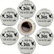 6pcs Round Wooden Coasters "The Spirit Of God Is Here" Spanish Religious Design With Dove Pattern, 4 Inch Heat Resistant Non-Slip Beverage Mats, Suitable For Office, Coffee Table Or Holiday Gift - Multicolor - View 9