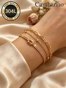 Camhanno 3pcs Minimalist Concentric Knot Stainless Steel 18K Gold Plated Fashion Layered Bracelet Set - Gold - View 9
