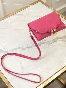 2026 New Halter Wallet Multi-Function Tri-Fold Short Detachable Handheld Wallet Fashion Patchwork Compact Cute Metal Hardware Zipper Coin Purse - Hot Pink - View 5