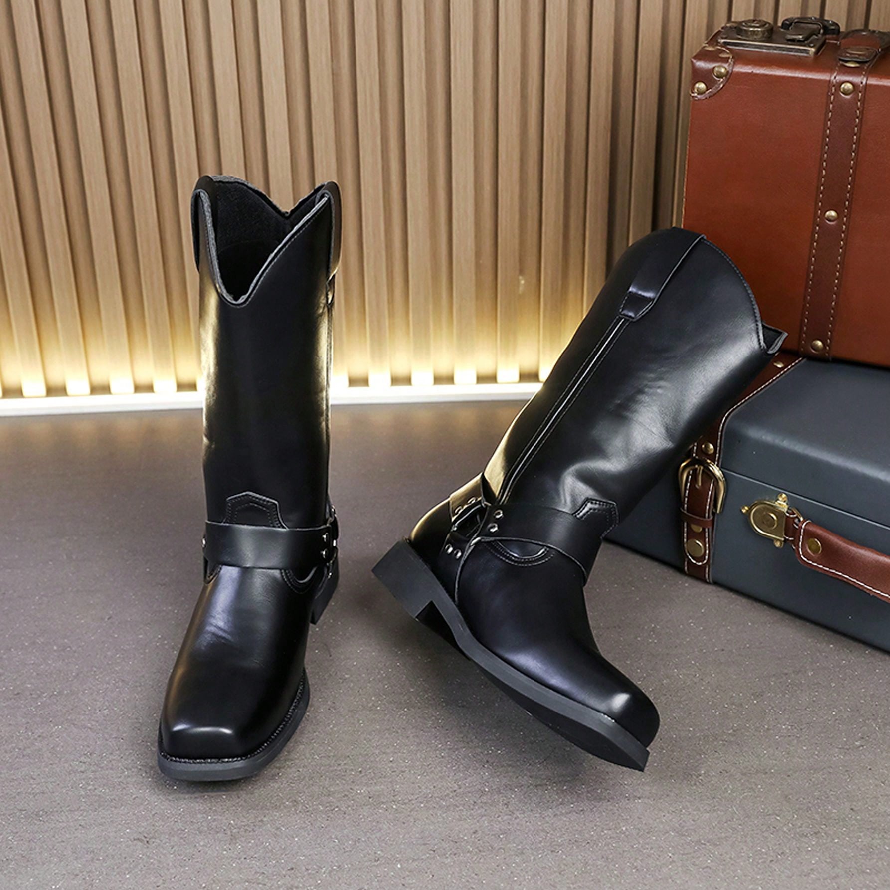 Men's Buckle Western Mid-Calf Riding Boots, Men's Boots, Vintage Work Boots, Outdoor Daily Commute Men's Casual Boots
