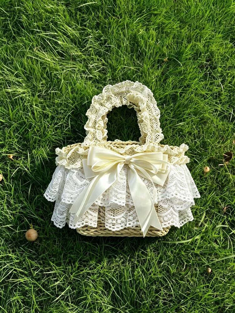Summer Pastoral Lace Niche Design Ins Style Straw Woven Crossbody Handbag, Commute, Outing, Daily Shopping, Sweet Pastoral Lolita Handmade Woven Straw Bag - White - View 4