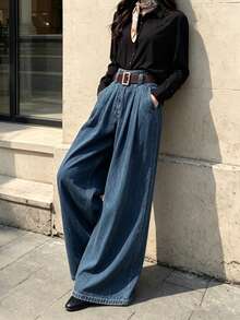 Women's Casual Elegant Denim Wide Leg Pants, With Pockets, Long Washed Fabric, Slightly Elastic, Suitable For Autumn Wear (No Belt) - Vintage Washed Blue - View 6