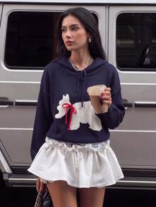 Winter Navy Hooded Knit Sweater White Scottie Dog Pattern Red Bow Detail Long Sleeve Pullover For Christmas Casual Fall - Navy Blue - View 1