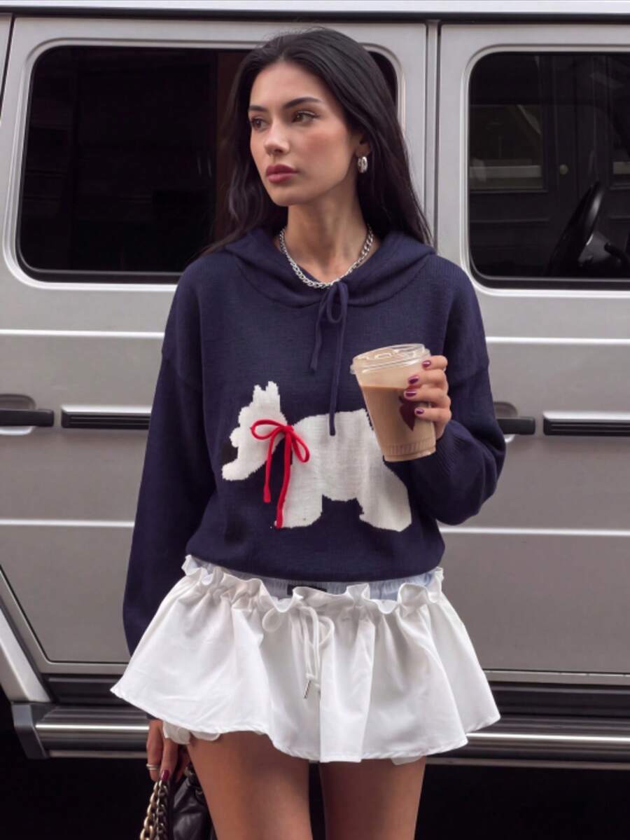 Winter Navy Hooded Knit Sweater White Scottie Dog Pattern Red Bow Detail Long Sleeve Pullover For Christmas Casual Fall - Navy Blue - View 1