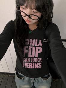 女款秋冬新款 1件式小碼個性化拼色字母印花休閒百搭街頭風寬鬆長袖T恤上衣 黑色 - 黑色 - 查看 2
