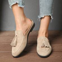 Sepatu Mule Wanita Bahan Suede dengan Rumbai, Sepatu Loafer Slip-On Hak Rendah, Sepatu Datar Nyaman untuk Berpergian - Khaki - View 5