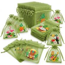 24/48pcs Olive Green Semi-Transparent Organza Gift Bags, Tropical Flamingo Toucan Pineapple Print Lightweight Visible Drawstring Bags, Smooth Cord Lock Design, Multi-Purpose Favor Bags For Wedding, Birthday, Hawaiian Party - 6 Mixed Styles - Green - View 1