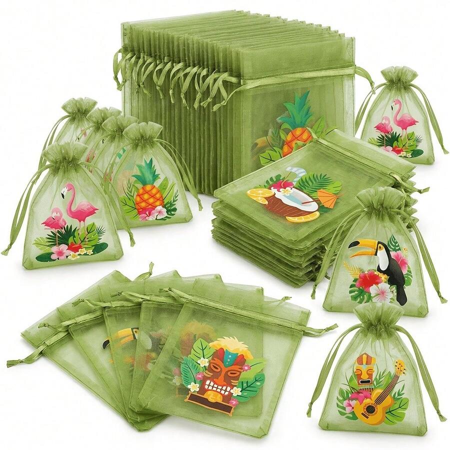 24/48pcs Olive Green Semi-Transparent Organza Gift Bags, Tropical Flamingo Toucan Pineapple Print Lightweight Visible Drawstring Bags, Smooth Cord Lock Design, Multi-Purpose Favor Bags For Wedding, Birthday, Hawaiian Party - 6 Mixed Styles - Green - View 1