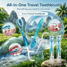 Portable Disposable Mini Travel Toothbrush, 5-In-1 Pre-Coated Toothpaste Mini Brush + Floss + Toothpick + Tongue Scraper, Travel-Ready Pre-Coated Toothpaste Toothbrush, Suitable For Travel, Work And Daily Use, Compact Design - Blue Mint Flavor - View 1