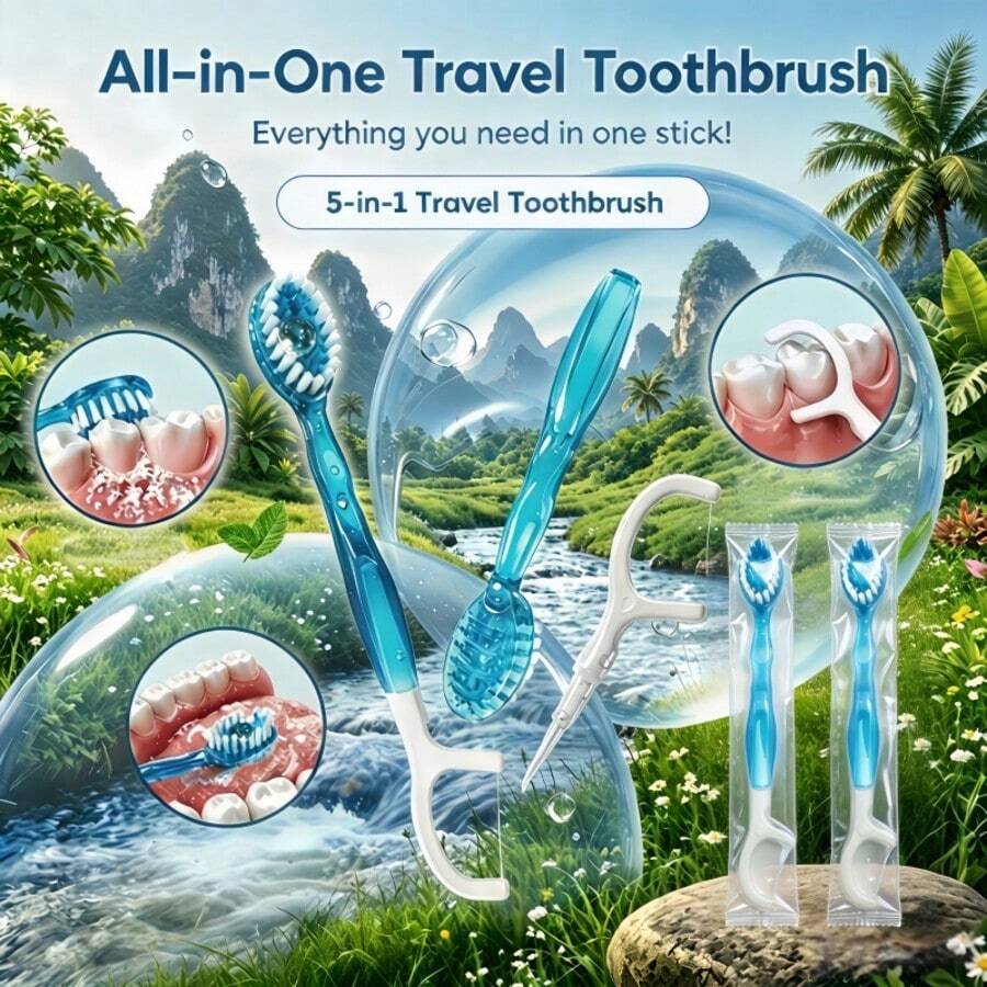 Portable Disposable Mini Travel Toothbrush, 5-In-1 Pre-Coated Toothpaste Mini Brush + Floss + Toothpick + Tongue Scraper, Travel-Ready Pre-Coated Toothpaste Toothbrush, Suitable For Travel, Work And Daily Use, Compact Design - Blue Mint Flavor - View 1