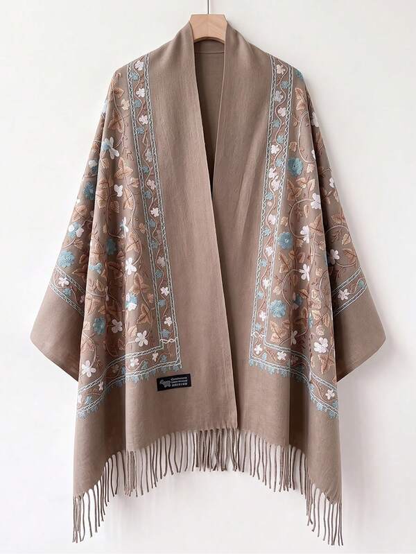 1件女款秋冬仿羊絨刺繡圍巾，加厚保暖流蘇刺繡波希米亞風旅行披肩斗篷