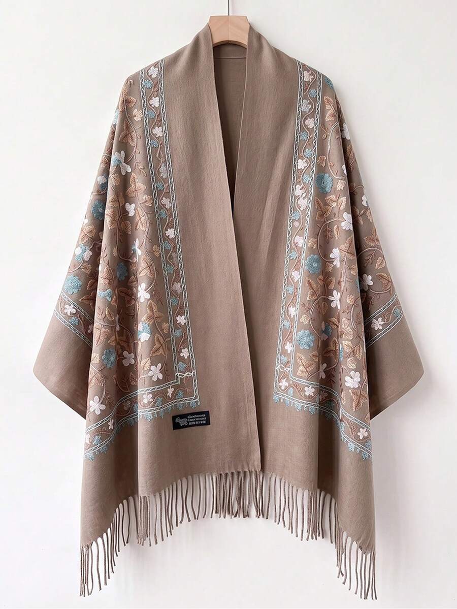 1件女款秋冬仿羊絨刺繡圍巾,加厚保暖流蘇刺繡波希米亞風旅行披肩斗篷 - 棕色 - 查看 1