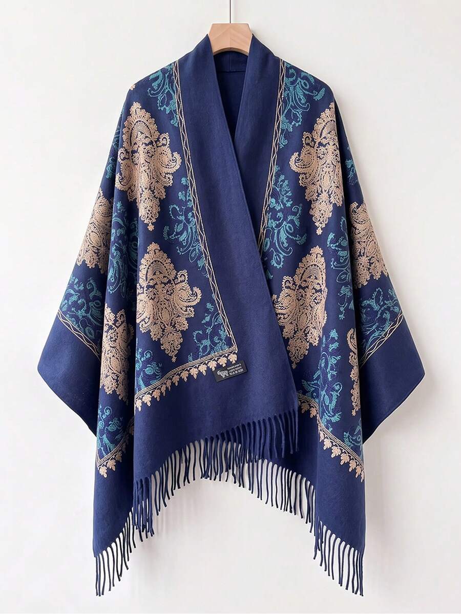 1件女款秋冬仿羊絨刺繡圍巾,加厚保暖披肩斗篷,附流蘇,波希米亞風旅行披肩 - 藏蓝色 - 查看 1