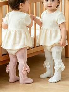 2pcs Baby Girl Knitted Tights, Cute Satin Ribbon Bow Decor, Solid Color Infant Tights, Soft Elastic Children's Leggings - Multicolor - View 11