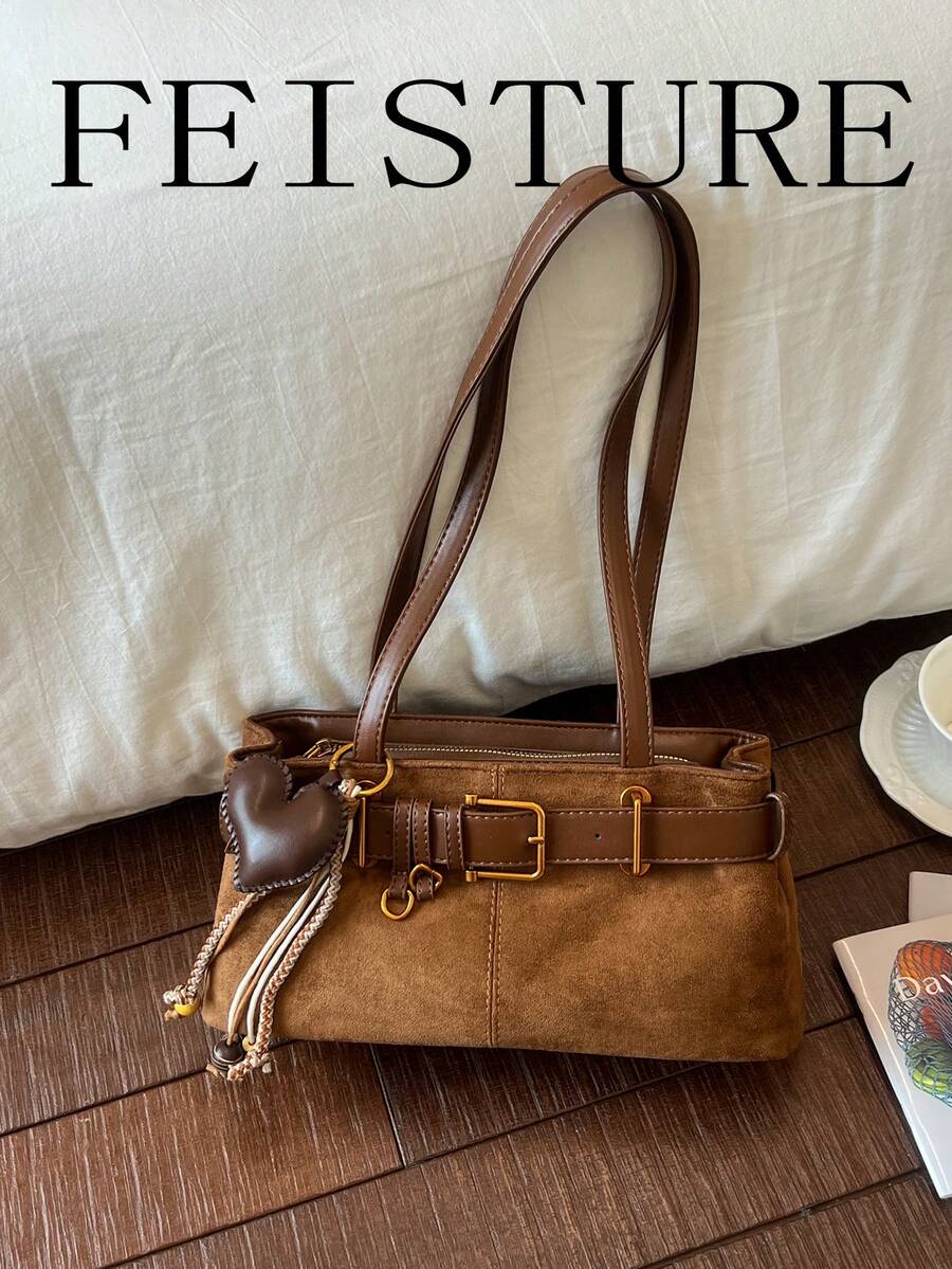 FEISTURE 1件裝時尚麂皮女款腋下單肩包，附肩帶裝飾與愛心結吊飾，適合日常外出、約會、通勤