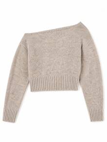 Women's Oatmeal Asymmetrical Shoulder Fitted Cropped Knit Sweater, Y2K Date Night Knit Top, Suitable For Evening Party, Holiday Outing - Champagne - View 3