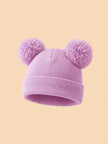 1PC Toddler Cute Double Pom Pom Folded Cuff Beanie, Simple Comfortable Knitted Hat, Suitable For Toddler Autumn/Winter Daily Home Wear, Outdoor Outfits, Warm Casual Winter Hat, Can Be Given As A Gift - Multicolor - View 19