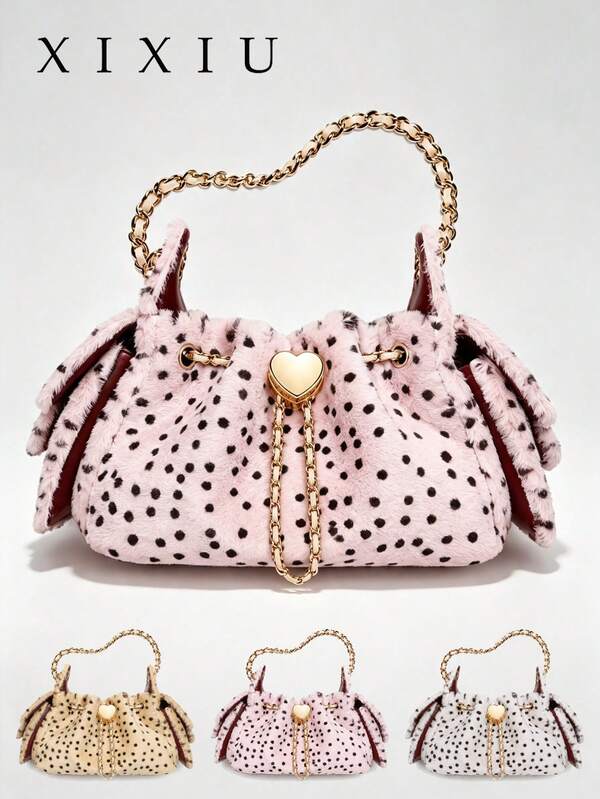 Women Crossbody Handbag,Mini Drawstring Bucket Bag,Black Polka Dot Pattern,Soft Faux Fur Plush With PU Liner, Gold Heart Lock & Detachable Metal Chain