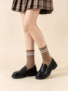 1/3 Pairs Women's Autumn/Winter Maillard Color Palette Versatile Casual Striped Double-Bar College Style Mid-Calf Socks - Multicolor - View 11