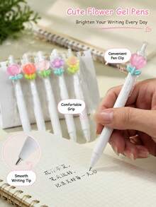1支/6支/組 隨機花卉圖案圓珠筆，順滑書寫中性墨水筆，適合學生、考試、辦公使用，耐用文具（黑色），返校季推薦 - 透明花朵筆 - 查看 3