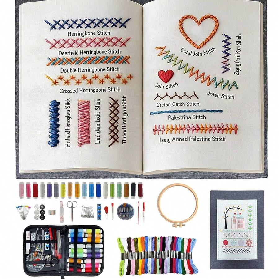 LAMYA Embroidery Stitch Book Kit For Adults & DIY Craft Enthusiasts, Portable Embroidery Kit For Beginners, Includes Guide To 106 Patterns With Tools & Tutorials And 86-Piece Sewing Tool Set (1 Kit)