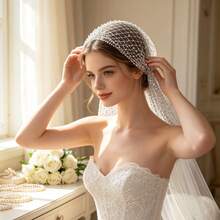 Women Rhinestone Fishnet Full Head Cover, Sparkly Crystal Mesh Head Wrap, Elegant See-Through Headpiece For Wedding Party & Photoshoot - Silver - View 2