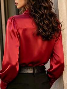 Women's Red Satin Long Sleeve Button Front Collared Shirt, Elegant Woven Fabric Blouse - Red - View 5