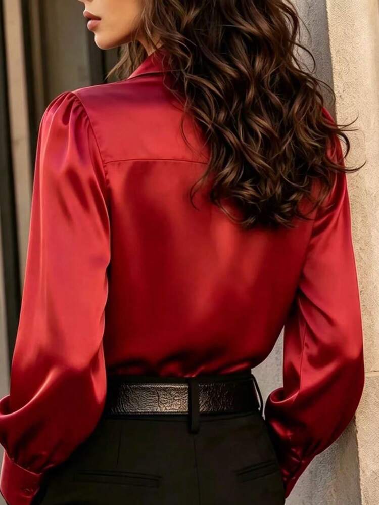 女式红色缎面长袖纽扣前领衬衫，优雅梭织面料衬衫 - 紅色 - 查看 5
