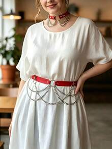 1pc Women's Red Gothic Leather Choker & Waist Chain Set, Multi-Layer Silver Chain Ring Harness, Punk Adjustable Neck Collar & Waist Chain, Nightclub Party Accessory - Red - View 3