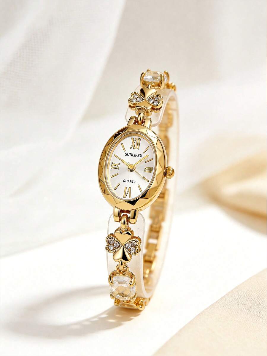 1pc Women's Jewelry Oval Dial Quartz Watch White/Red Gold Alloy Case & Strap Luxury Vintage Gift Watch