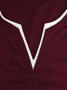 Women's Casual Matching Contrast Color V-Neck Short Sleeve Top And High Waist Drawstring Straight Pants 2-Piece Set, Spring/Summer Elegant - Wine Red 29 + Off-white - View 6