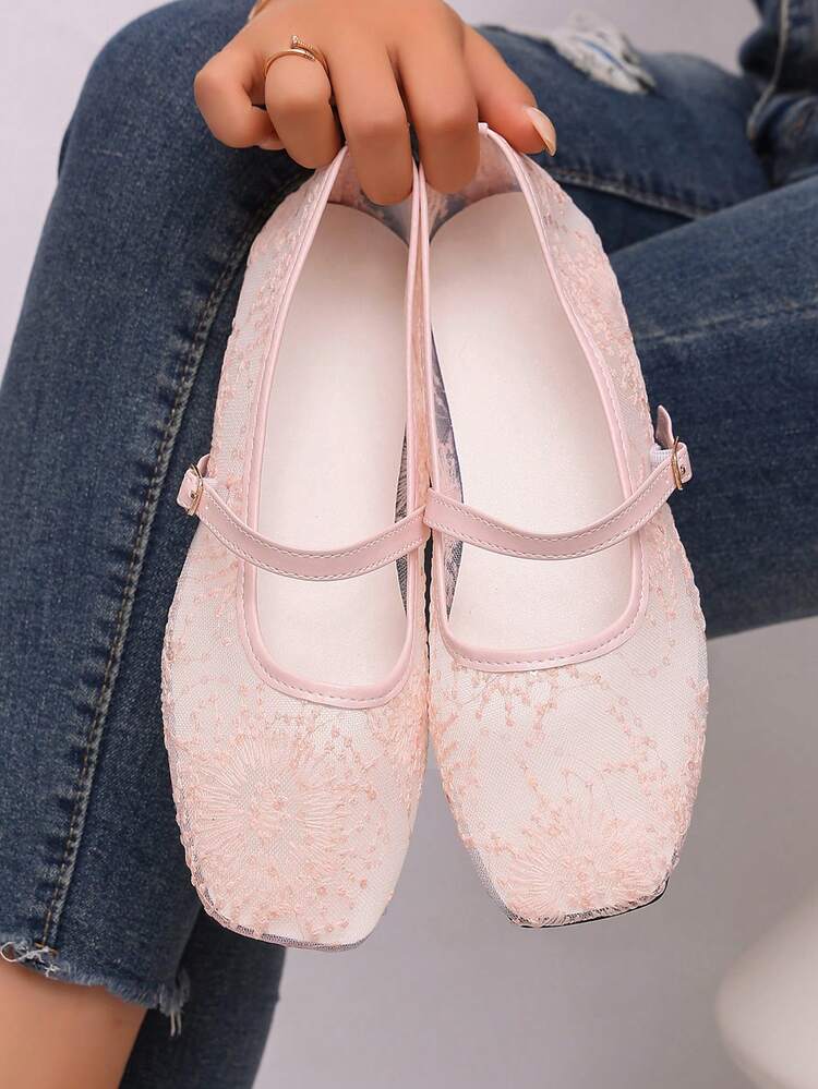 planare New Women's Popular Fashion Minimalist Elegant Solid Color Contrast Mesh Embroidery Floral Design Slip-On Square Toe Adjustable Strap Buckle Flat Pink Mary Jane Shoes Cute Comfortable Women's Shoes Lace Flat Shoes Apartment Women's Apartment Pink Flat Shoes Mary Jane Shoes Mules Elegant Women's Shoes (Asymmetrical Pattern) - Pink - View 5
