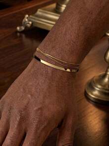 3pcs/Set Stainless Steel 18K Gold Plated C-Shape Adjustable Bracelet Chain Bangle Set, Fashionable For Men Daily Wear - Gold - View 1