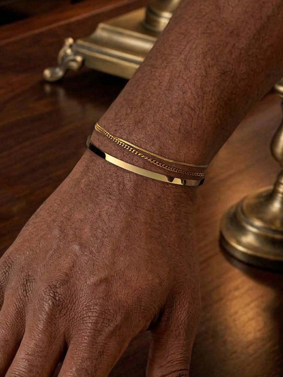3pcs/Set Stainless Steel 18K Gold Plated C-Shape Adjustable Bracelet Chain Bangle Set, Fashionable For Men Daily Wear - Gold - View 1
