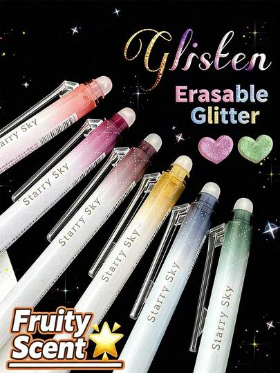 6pcs Erasable Glitter 0.7mm Gel Pens, Erasable Plastic Aesthetic Gel Ink Pens For Notebooks, Colorful Glitter Erasable Pens With Fruit Scent, 6 Colors, Suitable For Home, School And Office, Back To School