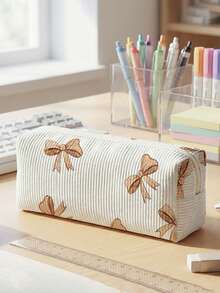 1pc Pencil Case, Stationery Storage Bag, Corduroy Material Bowknot Print Large Capacity Pencil Case For Teenagers, Multi-Function, First Day Of School - Multicolor - View 15