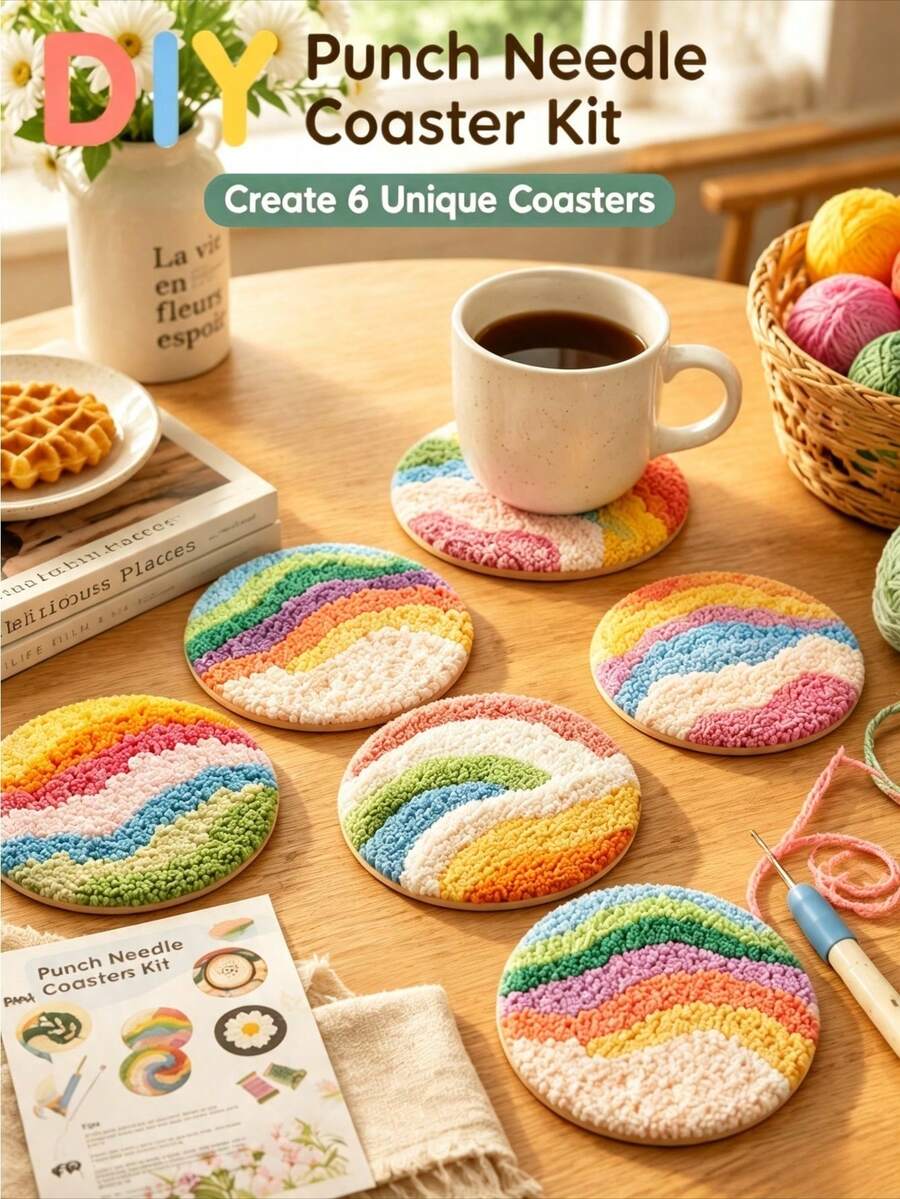6件組 DIY 戳戳繡刺繡套件 初學者適用，手工杯墊製作組，含軟紗線、針具、刺繡框與圖案布，療癒手工藝愛好套件，可愛居家裝飾配件，適合成人的創意手工禮物