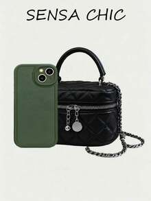 Quilted Rhombus Textured Pattern Black Solid Color Mini Box Bag, Handheld Chain Crossbody 2-In-1 Small Bag, Wrap-Around Double Zipper Full Closure Design, Square Mini Makeup Storage Bag, Suitable For Dating, Store Visiting, Shopping, Short Trips, Exquisite Versatile Crossbody Bag - Black - View 3
