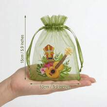 24/48pcs Olive Green Semi-Transparent Organza Gift Bags, Tropical Flamingo Toucan Pineapple Print Lightweight Visible Drawstring Bags, Smooth Cord Lock Design, Multi-Purpose Favor Bags For Wedding, Birthday, Hawaiian Party - 6 Mixed Styles - Green - View 6