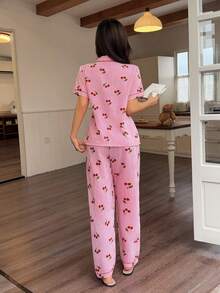 Bubble Crinkle Cherry Striped Print Short Sleeve Long Pants Pajama Set, Wearable As Casual Wear - Pink - View 2