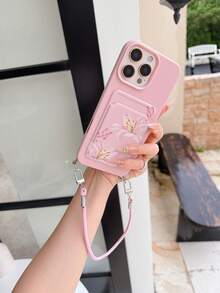 1pc Convenient Pink Leather Texture Cowhide Short Lanyard Phone Case, Easy Card Slot/Card Holder TPU Shockproof Protective Shell Compatible With Apple 11/12/13/14/15/16/17 Pro Max - Multicolor - View 4