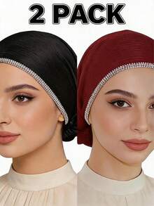 2pcs Women's Fashionable Elastic Exquisite Chain Rhinestone Craft Shiny Bohemian Polyester (Polyester) Knitted Ribbed Fabric All-Season Underscarf - 3-row Rhinestone Chain Headscarf Multi-color - View 4