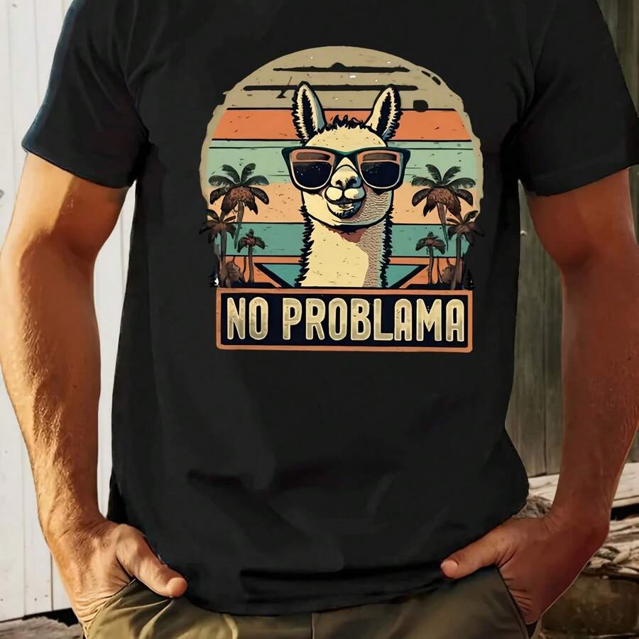 Casual T-Shirt With NO PROBLEMA Print For Men - Short-Sleeved, Round-Neck For Summer - 款式 - 查看 1