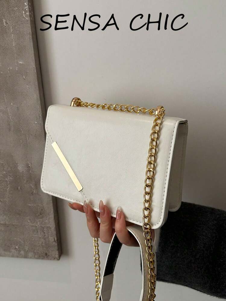 White Asymmetric Metal Long Bar Lock Thick Chain Strap Decorative Phone Lipstick Cosmetic Small Item Storage Flap Snap Closure Minimalist High-End Horizontal Small Square Bag Commute Date Evening Party Daily Wear Chain Shoulder Crossbody Dual-Use Light Luxury Elegant Versatile Tofu Block Small Bag - White - View 1