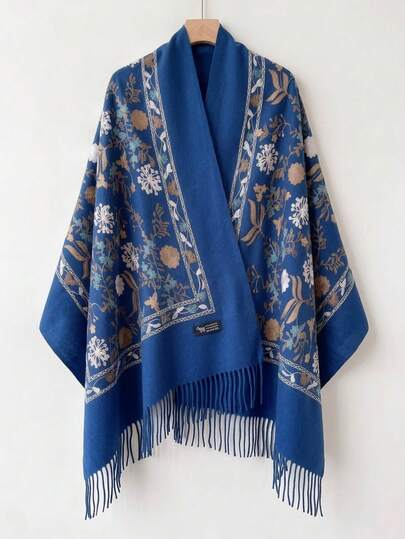 1pc Women's Autumn/Winter Faux Cashmere Embroidered Scarf, Thick Warm Tassel Embroidery Bohemian Style Travel Shawl Cape